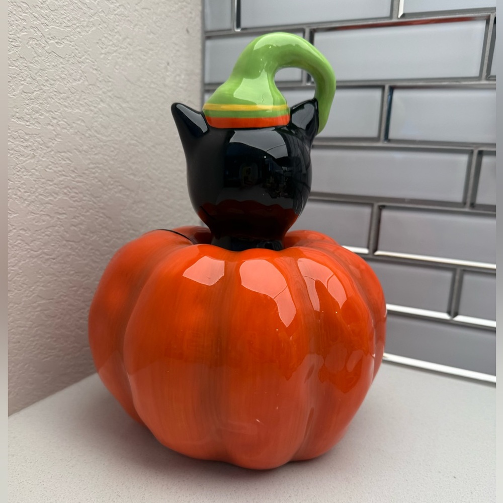 Ceramic Happy Halloween Candy Dish Candle Holder Pumpkin Black Cat - Picture 5 of 14